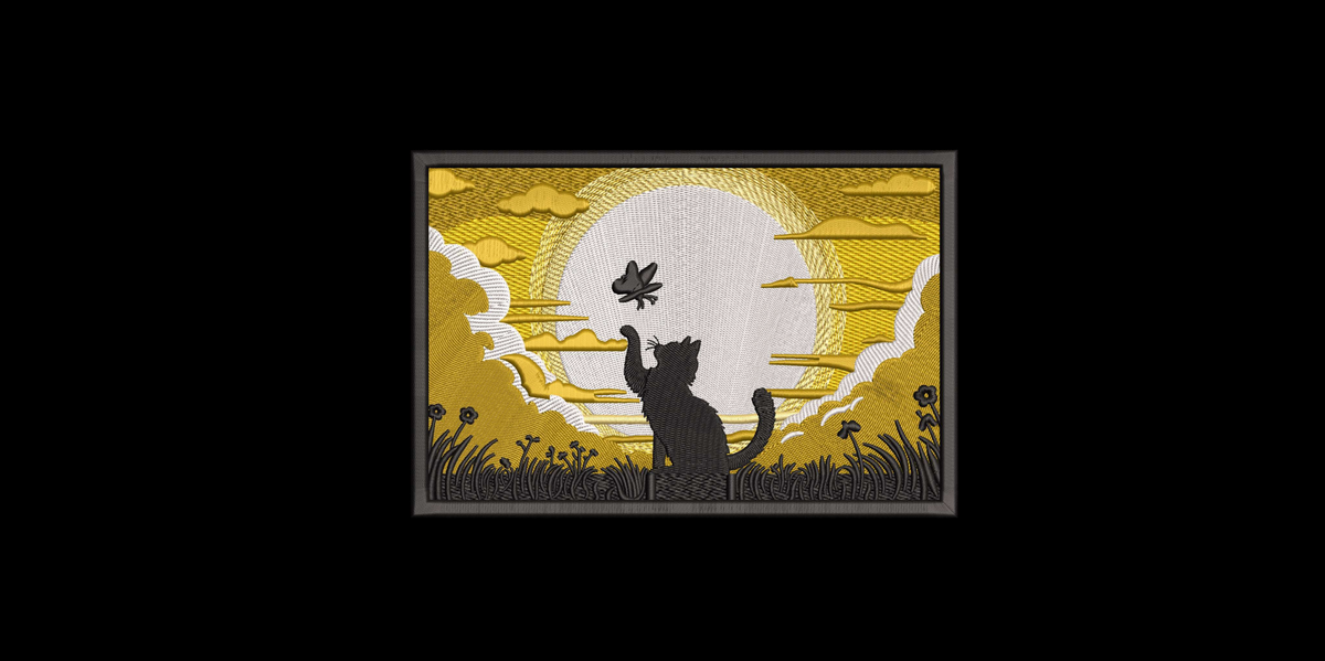 Black Cat and Butterfly Sunset Landscape Machine Embroidery