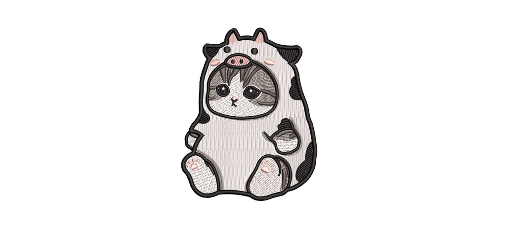 Cute Cat in Cow Costume Machine Embroidery Design - Kawaii Kitten Onesie Patch Digital File