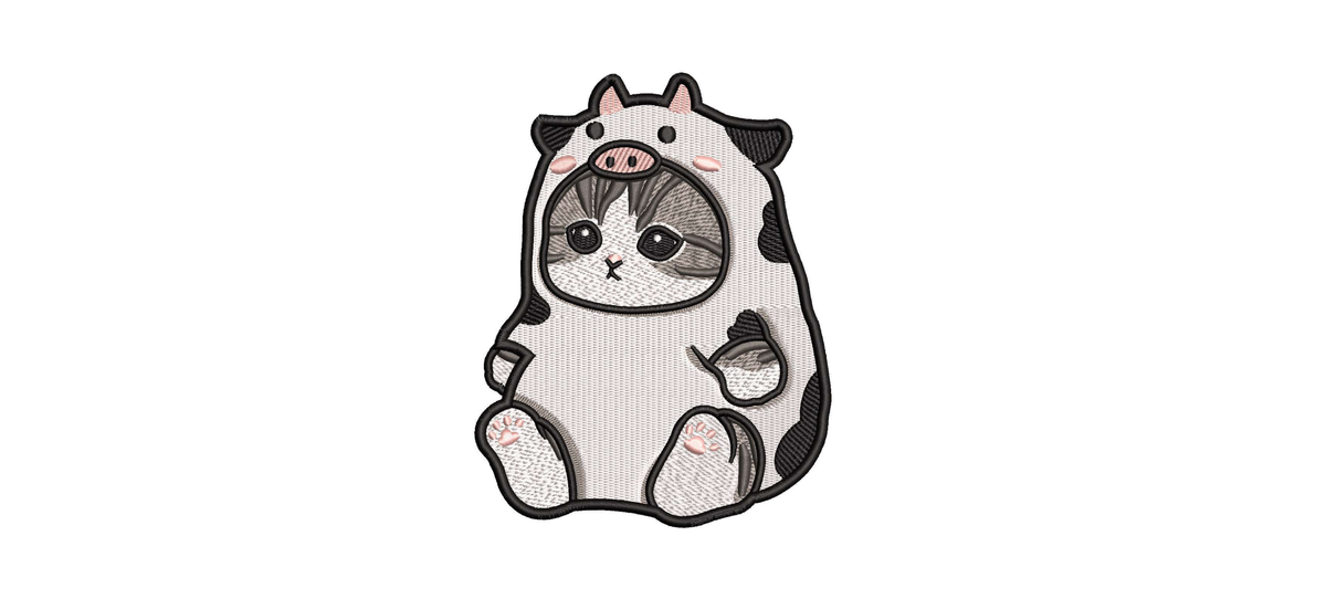Cute Cat in Cow Costume Machine Embroidery Design - Kawaii Kitten Onesie Patch Digital File