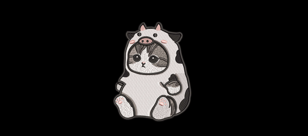 Cute Cat in Cow Costume Machine Embroidery Design - Kawaii Kitten Onesie Patch Digital File