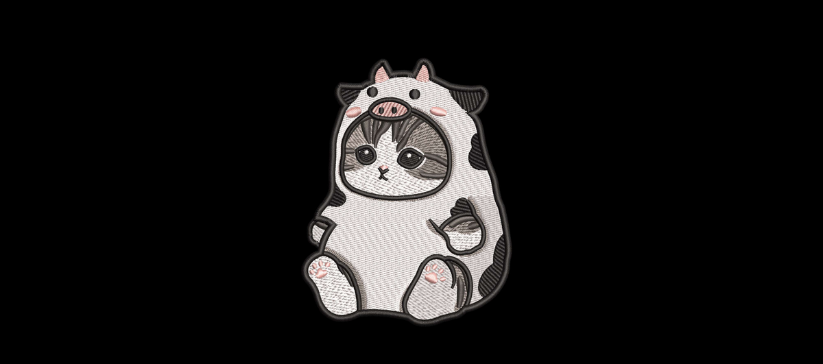 Cute Cat in Cow Costume Machine Embroidery Design - Kawaii Kitten Onesie Patch Digital File