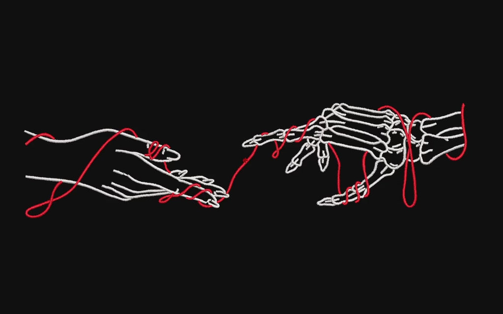 Red Thread of Fate Skeleton and Human Hands Machine Embroidery Design - Gothic Love Creation Linework Patch Digital File