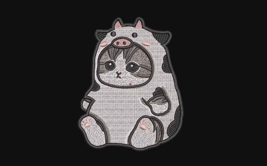 Cute Cat in Cow Costume Machine Embroidery Design - Kawaii Kitten Onesie Patch Digital File