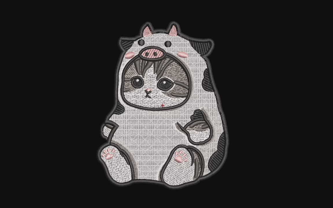 Cute Cat in Cow Costume Machine Embroidery Design - Kawaii Kitten Onesie Patch Digital File