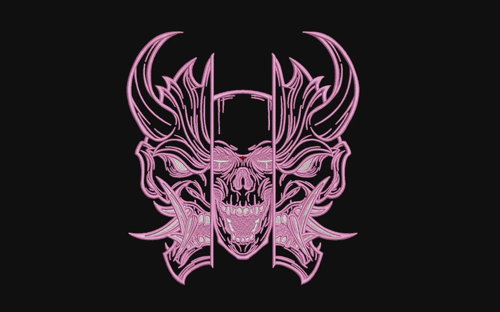 Japanese Oni Mask Split Skull Machine Embroidery Design - Cyberpunk Hannya Demon Patch Digital File