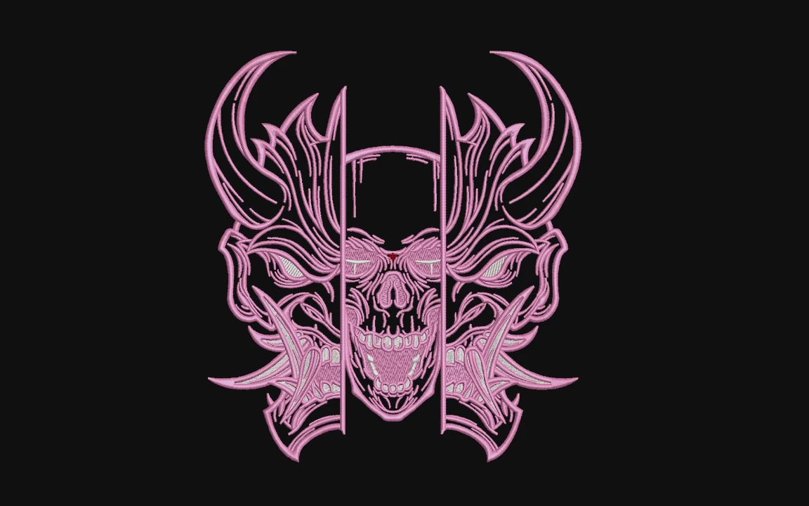 Japanese Oni Mask Split Skull Machine Embroidery Design - Cyberpunk Hannya Demon Patch Digital File