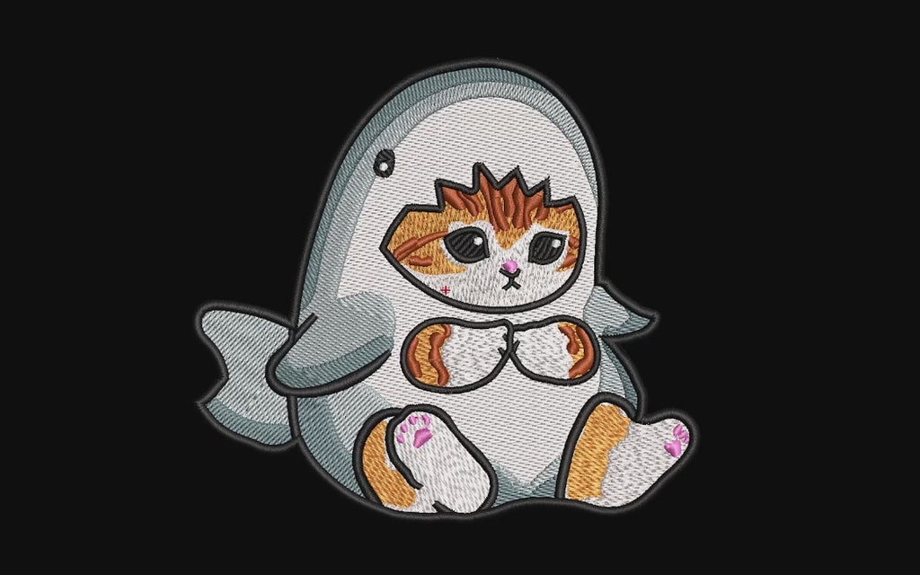 Cute Cat in Shark Costume Machine Embroidery Design - Kawaii Shark Cat Onesie Patch Digital File
