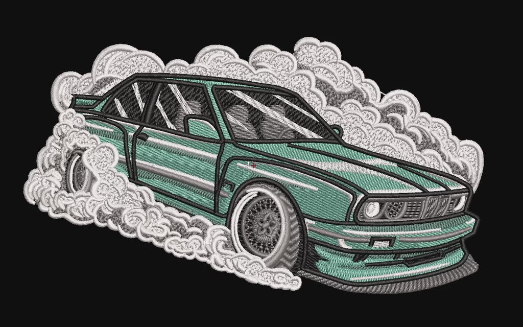 BMW E30 Drift Smoke Machine Embroidery Design - Retro Classic Car Patch Digital File