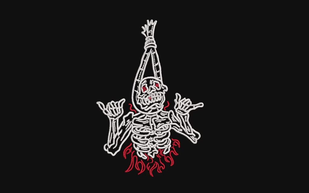 Rocker Skeleton in Flames Machine Embroidery Design