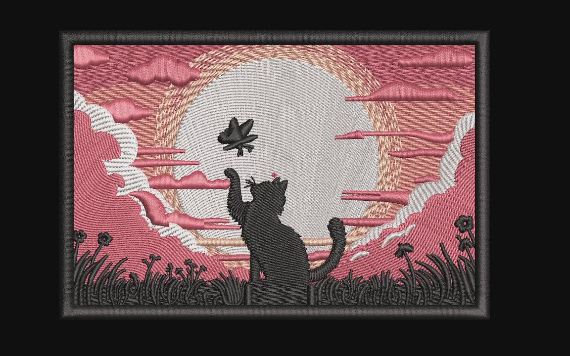 Black Cat and Butterfly Sunset Landscape Machine Embroidery